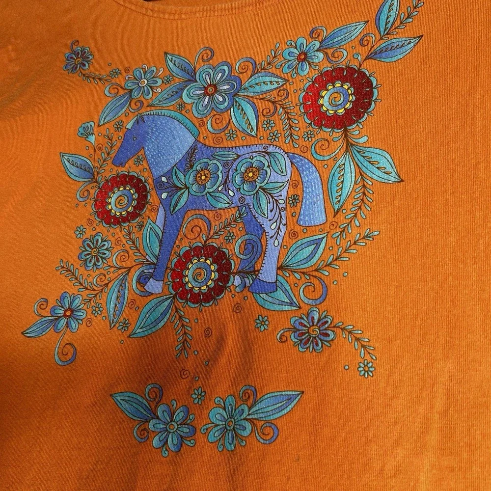 Sabaku Artwear Top Floral Horses Size Xl Orange Artsy - Picture 6 of 7